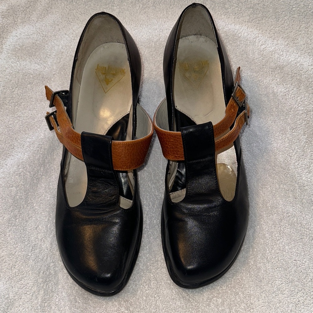 John Fluevog Black Leather Mary Jane Pumps with Brown Strap
